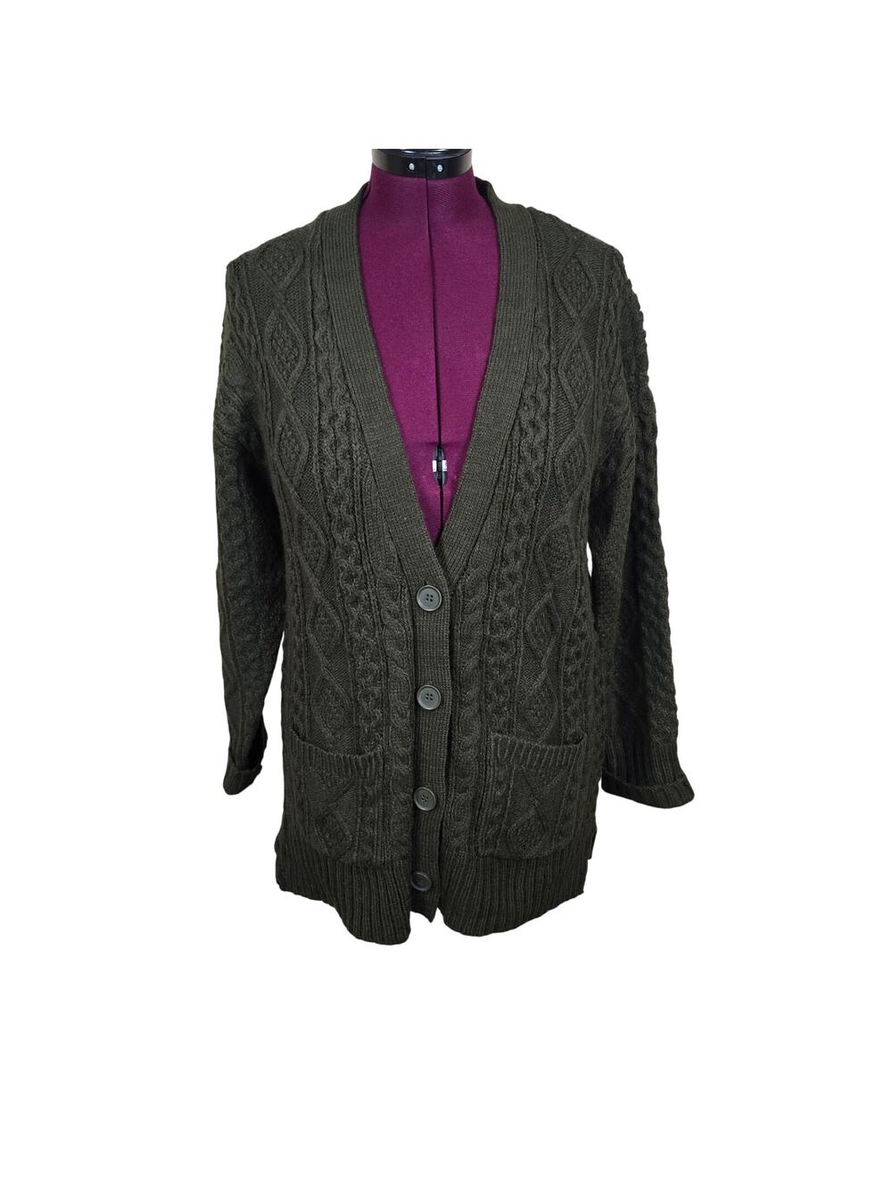 Women's Design History Green Cable Knit Sweater Cardigan | Size Large